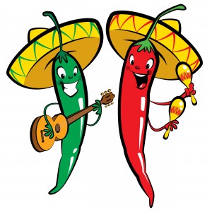 Red and green hot mexican chillies characters singing, playing guitar and maraques