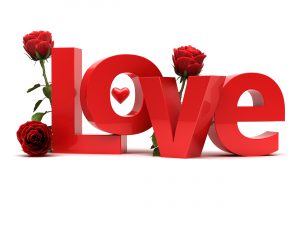 Love 3d text with roses. Wedding concept