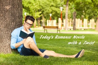 man reading under a tree in a park, text reads Today's Romance Novels with a Twist