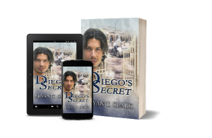 "Diego's Secret" book cover on paperbacks, tablet and phone
