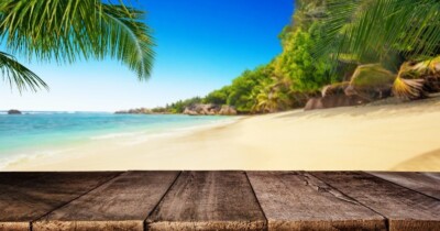 tropical beach, sand, palm trees