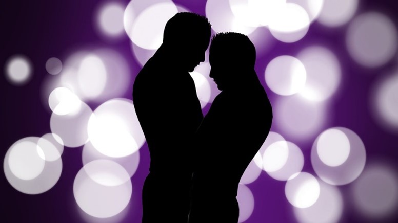 Two men embracing, only a silhouette can be seen with a purple and white "sparkle" background.